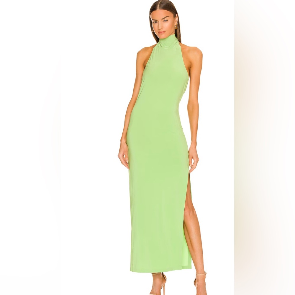 Revolve Norma Kamali Halter Turtle Neck Side Slit Green Dress Size S